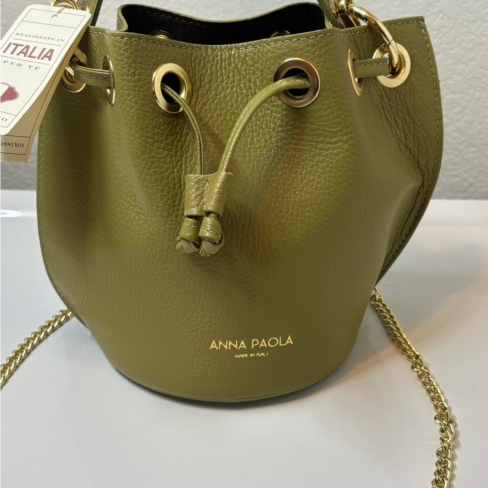NEW Anna Paola Italian Leather Bucket Bag Made In Italy Olive Green - Picture 2 of 9